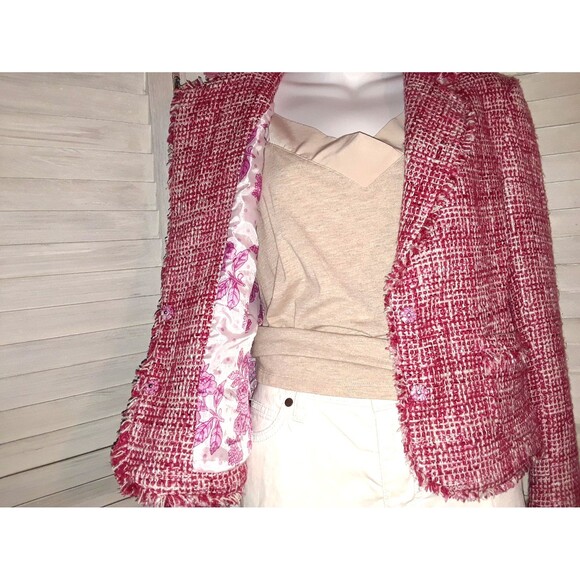 I.C.E. Women's Blazer Size 12 Tweed Lined Jacket Pink and Red Fringed Patterned - Picture 4 of 12